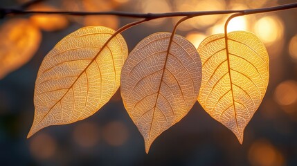 Obraz premium Three backlit autumn leaves on a branch.