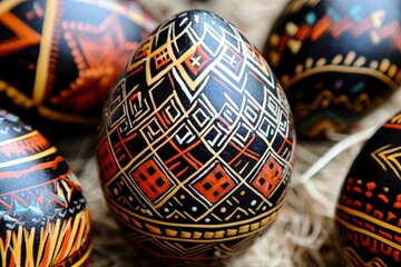Ornately Decorated Black Eggs with Geometric Patterns Displayed