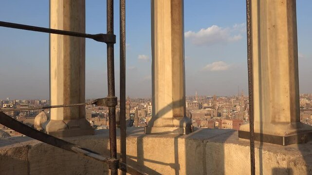 Cairo, Egypt A skyline view of downtown and Old Cairo from atop a minaret at the Ibn Tulun Mosque.
