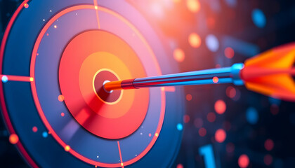 Glowing neon target, cyberpunk radar display, concentric circles, red and blue lighting, futuristic interface, digital bullseye, high-tech visualization, abstract technology background, circular patte
