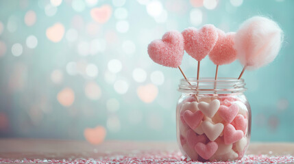Jar of Sweet Heart-Shaped Candies and Decorations on a Festive Background