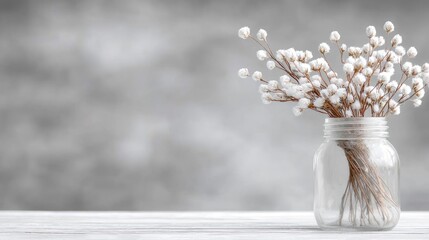 Naklejka premium Dried white flowers in a clear glass jar stand on a wooden table against a soft grey background.