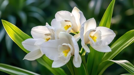 Naklejka premium A cluster of white orchids with a vibrant yellow center, bathed in natural light