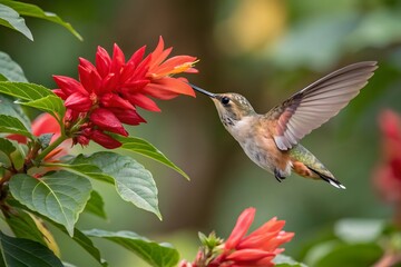 A hummingbird hovering near a vibrant red flower, its wings beating rapidly. The image should capture the fleeting beauty and delicate nature of love