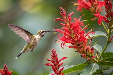Fototapeta premium A hummingbird hovering near a vibrant red flower, its wings beating rapidly. The image should capture the fleeting beauty and delicate nature of love