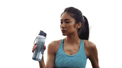 Young and attractive asian chinese woman tired after hard outdoors run workout. thirsty woman with a bottle of water ready to drink. Transparent background png