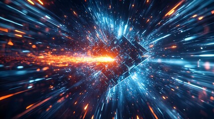 Obraz premium Abstract Cube Explodes Vibrant Orange Blue Light Rays. AI Generated