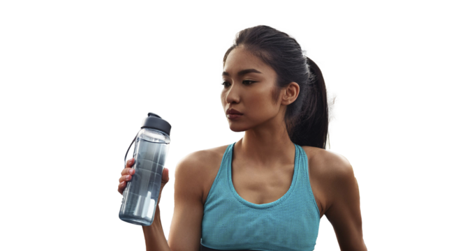 Young and attractive asian chinese woman tired after hard outdoors run workout. thirsty woman with a bottle of water ready to drink. Transparent background png