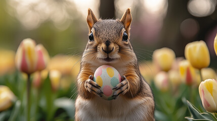 squirrel playing with easter eggs