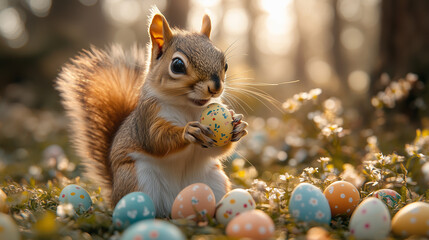 squirrel playing with easter eggs