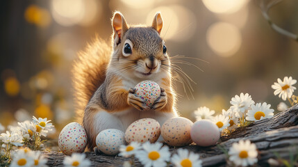 squirrel playing with easter eggs