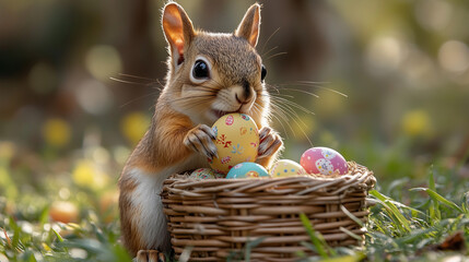 squirrel playing with easter eggs