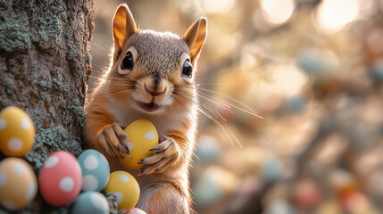 squirrel playing with easter eggs