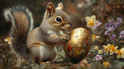 squirrel playing with easter eggs