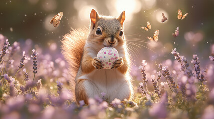 squirrel playing with easter eggs