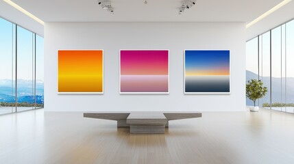 Fototapeta premium A modern art gallery showcasing minimalist paintings with vibrant colors
