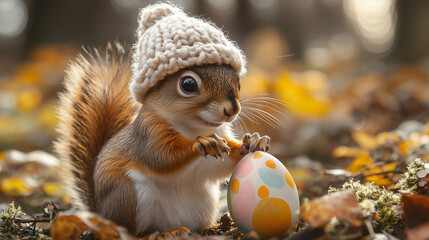 squirrel playing with easter eggs