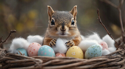 squirrel playing with easter eggs
