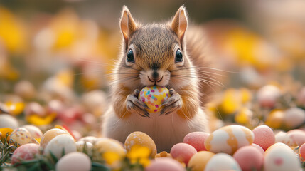 squirrel playing with easter eggs