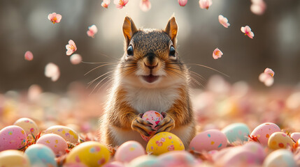 squirrel playing with easter eggs