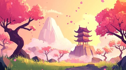 Fototapeta premium Japanese Cherry Blossom Cartoon - View 1