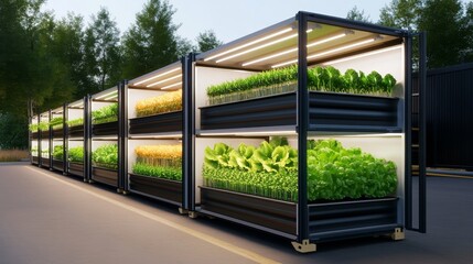 Fototapeta premium Modern vertical farming system showcasing vibrant green crops in a well-lit, organized environment
