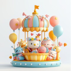 Obraz premium A colorful carousel featuring cute characters and balloons, creating a whimsical, joyful atmosphere.