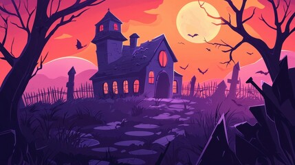 Haunted House on a Hillside at Night Under a Full Moon with Bats