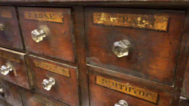 Cairo, Egypt Antique wooden drawers with Latin inscriptions in a pharmacy. 