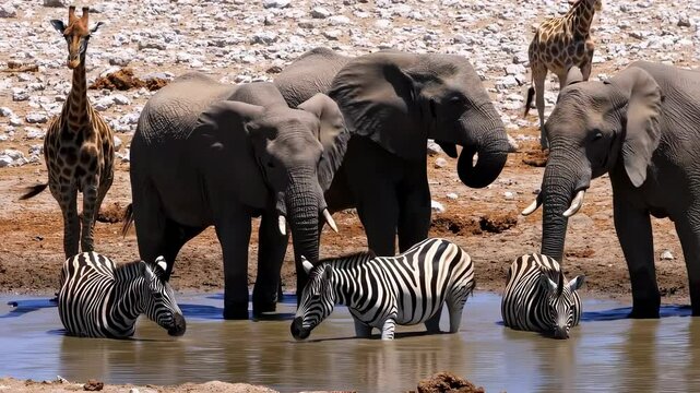 Elephants, zebras, and giraffes gather at a waterhole in the African savanna, drinking and cooling off in the hot, dry landscape.