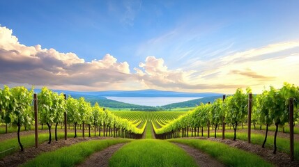 Fototapeta premium A vineyard in the Finger Lakes region with rows of grapes and a distant lake view