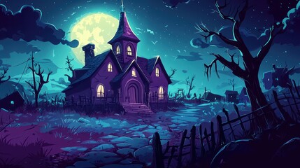 Mysterious House Underneath A Full Moon Night