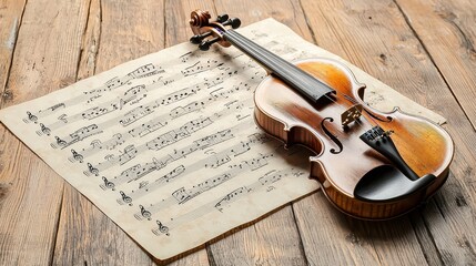 Fototapeta premium A vintage violin resting on aged sheet music with handwritten notes and a warm wooden tone.