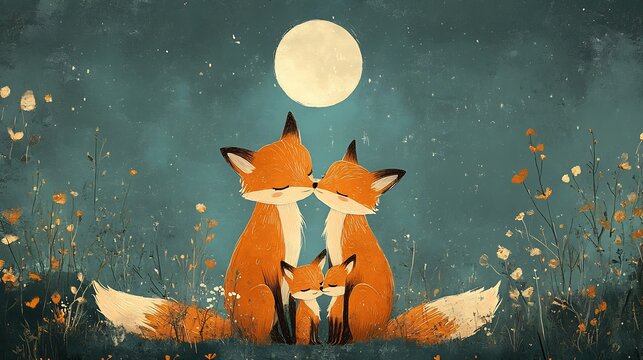 Serene moonlit night lovingly embraces fox family nestled in wildflowers. AI Generated