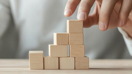 Building creativity stacking wooden blocks home office educational content casual environment close-up view child development