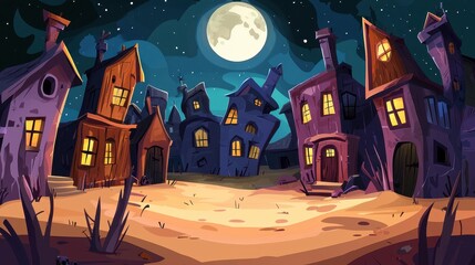 A Nighttime Village Scene With Spooky Houses Under a Full Moon