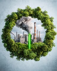 Industrial Pollution Surrounded by Lush Greenery in Circular Frame
