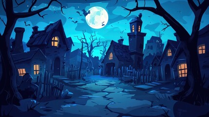 A Haunted Village Underneath A Full Moon At Night