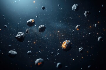 Asteroids orbiting in a glowing galactic scene space digital art