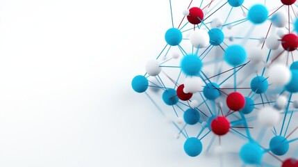 An abstract representation of interconnected spheres in blue, white, and red, symbolizing molecular structures or network connections.
