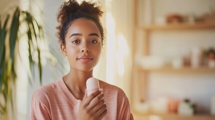 Young woman applying deodorant in a bright home, shelves in background, for beauty or hygiene advertising