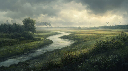 Obraz premium Lush green landscape winding river flowing vast open fields misty lowland marshland serene natural beauty scenic view water soft cloudy sky rural endless greenery fog calm wide artistic open earthy
