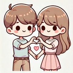 Cartoon couple forming a heart shape with their hands. Cute pastel illustration on a white background. Valentine's Day and love concept.
