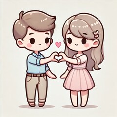 Cartoon couple forming a heart shape with their hands. Cute pastel illustration on a white background. Valentine's Day and love concept.