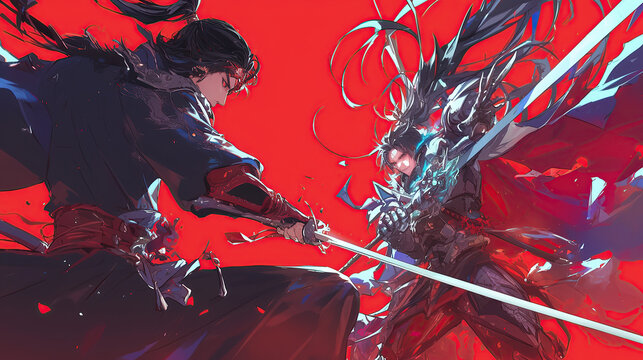 two anime character with dynamic pose fighting with katana in red background