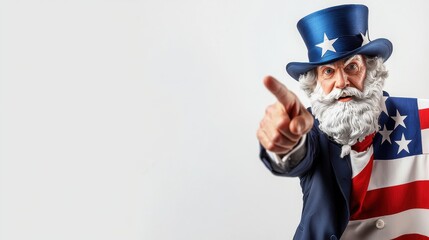 A man dressed as Uncle Sam, with a patriotic outfit, points assertively, embodying American pride and tradition.