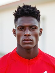 Obraz premium Close-up portrait of a strong athletic male athlete in red sports gear, staring directly at the camera with a focused expression, outdoors.