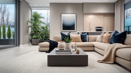 Modern living room interior featuring a cozy sofa, stylish decor, and a view of greenery outside
