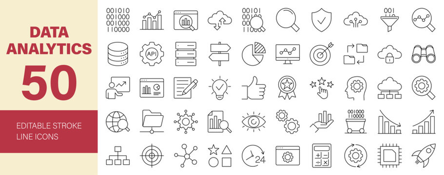 Data analytics Line Editable Icons set. Vector illustration for web and mobile app. Data analysis, big data, database, statistics, server, monitoring, hosting, data mining, and more.