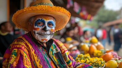 Man wearing a sombrero with face paint standing outdoors in a festive atmosphere